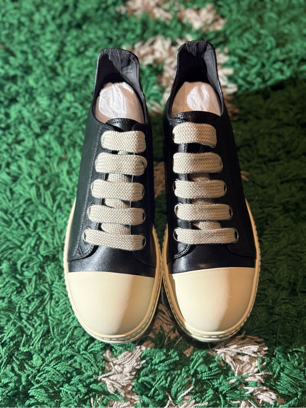 Rick Owens  Black Leather Sneakers with Cream Sole - Picture 2 of 4